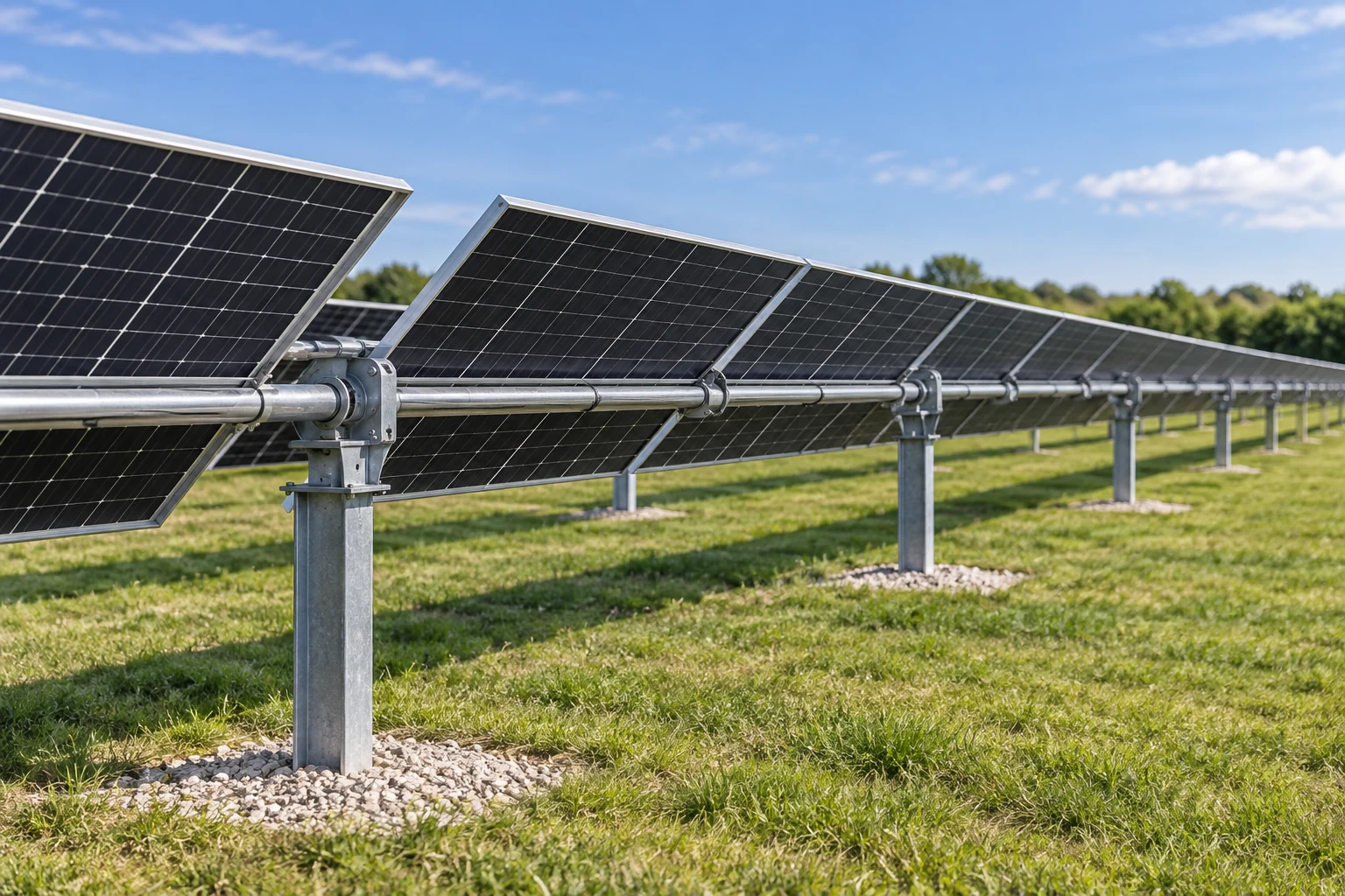 Tracker monoassiale con moduli fotovoltaici scuri in un impianto illustrativo